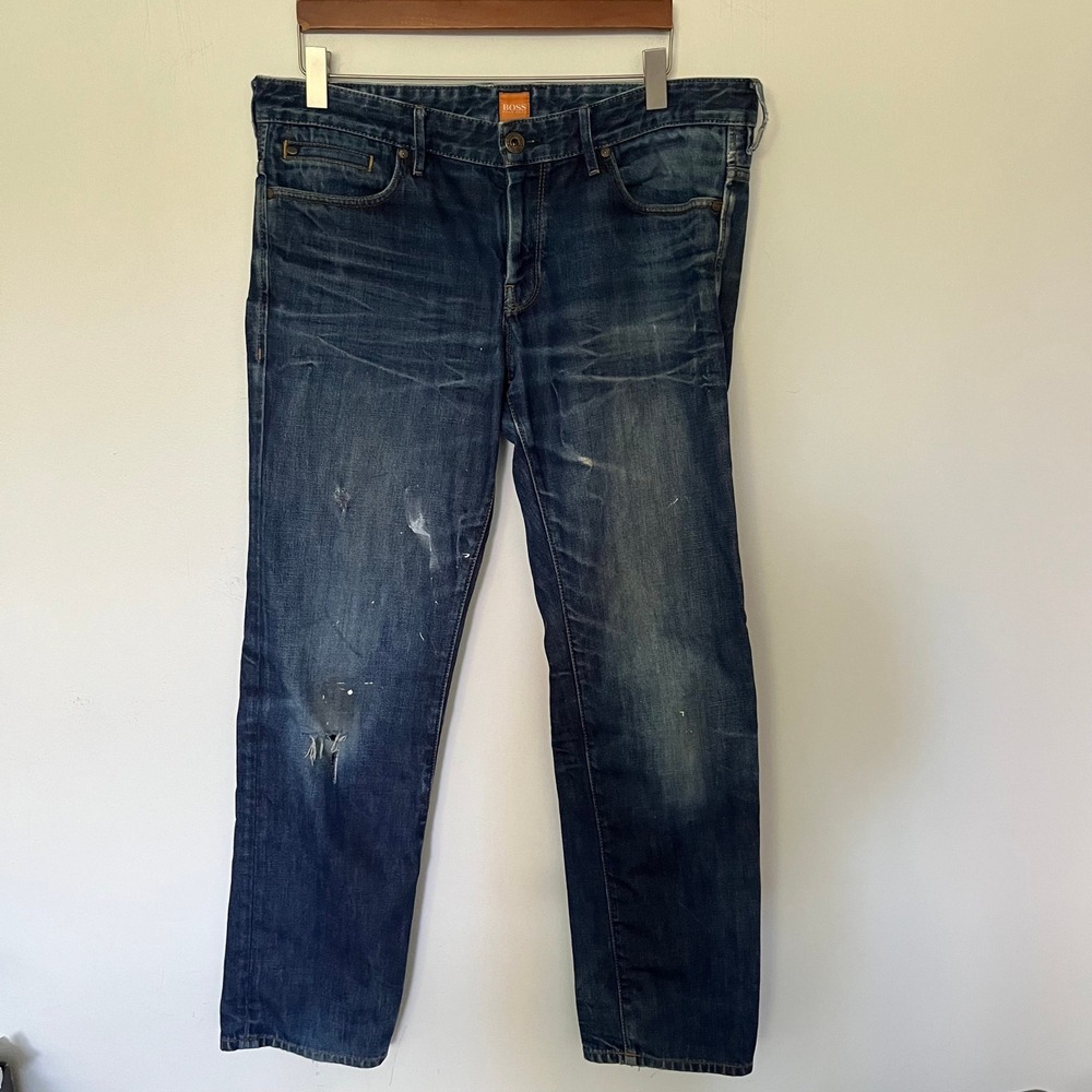 Hugo Boss Orange Mens Distressed Paint Splatter Straight Leg Jeans Blue 36x32